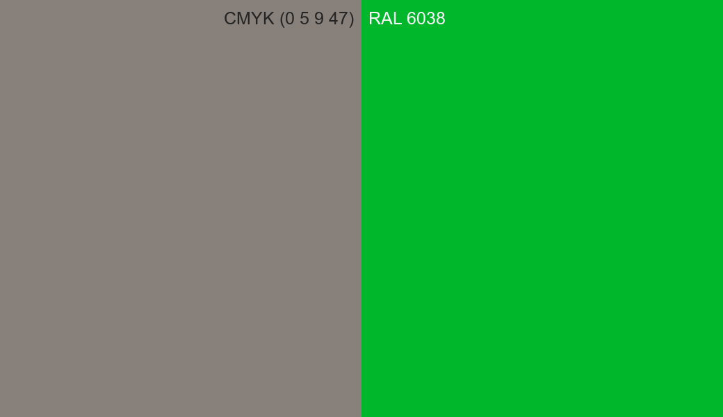 CMYK Color CMYK (0 5 9 47) vs RAL 6038 side by side comparison CMYK Color CMYK (0 5 9 47) vs RAL 6038 side by side comparison