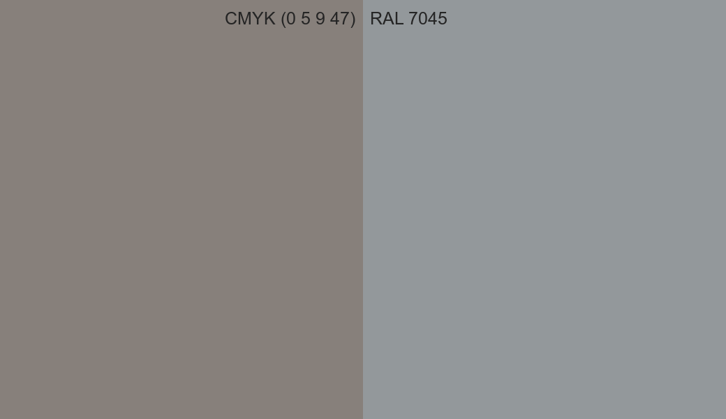 CMYK Color CMYK (0 5 9 47) vs RAL 7045 side by side comparison CMYK Color CMYK (0 5 9 47) vs RAL 7045 side by side comparison