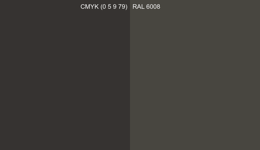 CMYK Color CMYK (0 5 9 79) vs RAL 6008 side by side comparison CMYK Color CMYK (0 5 9 79) vs RAL 6008 side by side comparison