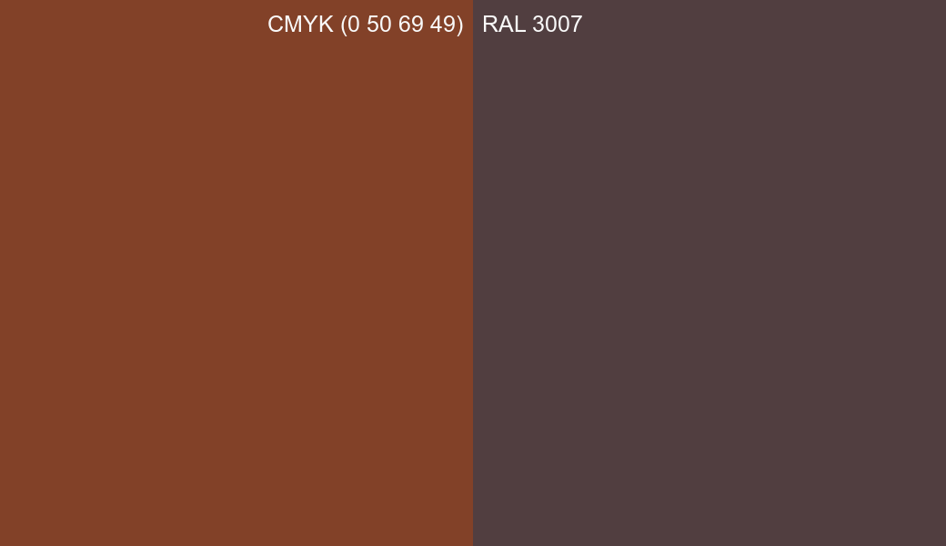CMYK Color CMYK (0 50 69 49) vs RAL 3007 side by side comparison CMYK Color CMYK (0 50 69 49) vs RAL 3007 side by side comparison