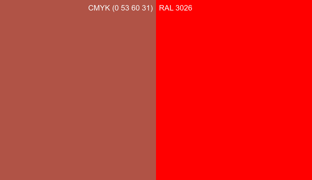 CMYK Color CMYK (0 53 60 31) vs RAL 3026 side by side comparison CMYK Color CMYK (0 53 60 31) vs RAL 3026 side by side comparison