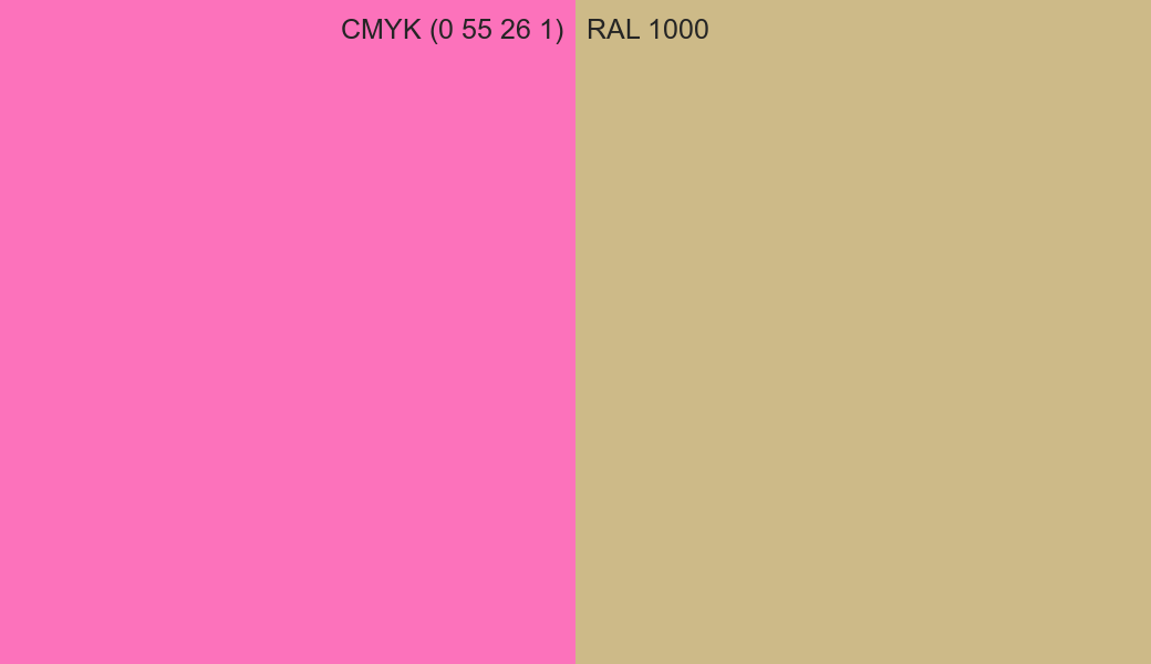 CMYK Color CMYK (0 55 26 1) vs RAL 1000 side by side comparison CMYK Color CMYK (0 55 26 1) vs RAL 1000 side by side comparison