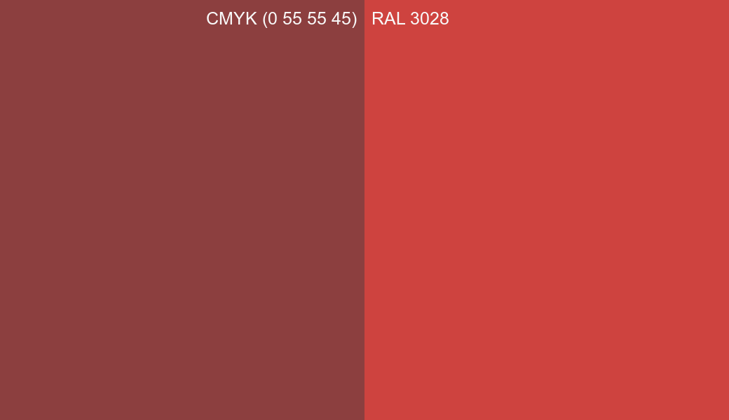 CMYK Color CMYK (0 55 55 45) vs RAL 3028 side by side comparison CMYK Color CMYK (0 55 55 45) vs RAL 3028 side by side comparison