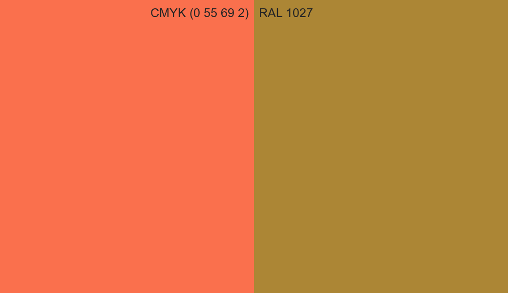 CMYK Color CMYK (0 55 69 2) vs RAL 1027 side by side comparison CMYK Color CMYK (0 55 69 2) vs RAL 1027 side by side comparison