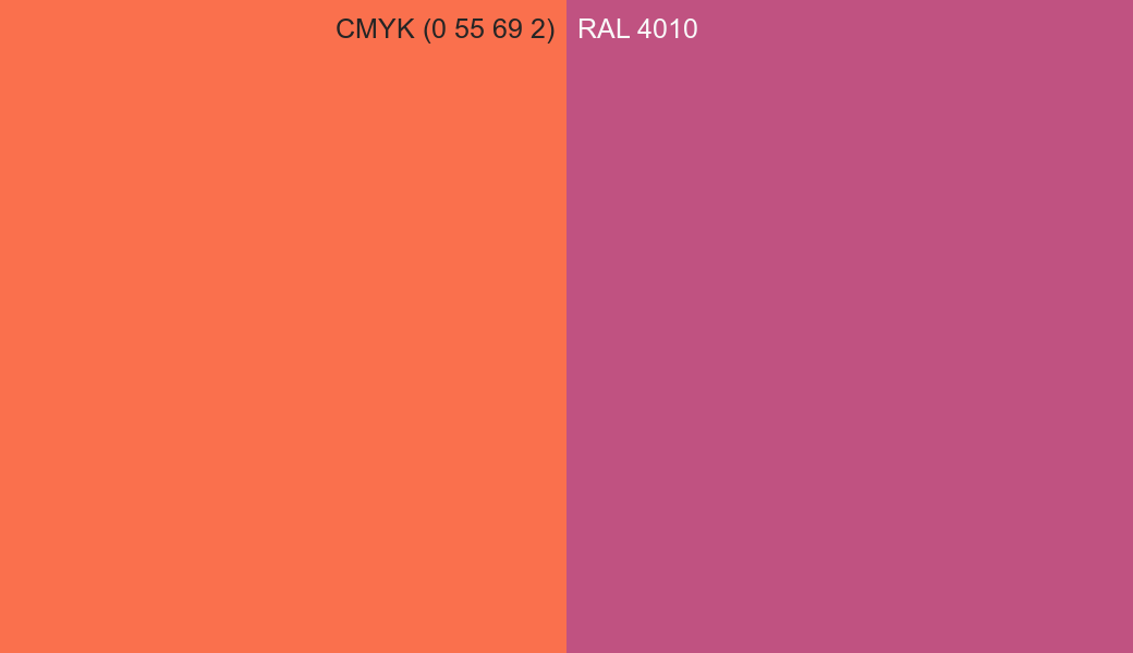CMYK Color CMYK (0 55 69 2) vs RAL 4010 side by side comparison CMYK Color CMYK (0 55 69 2) vs RAL 4010 side by side comparison