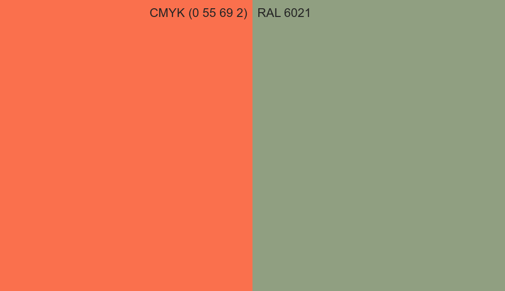 CMYK Color CMYK (0 55 69 2) vs RAL 6021 side by side comparison CMYK Color CMYK (0 55 69 2) vs RAL 6021 side by side comparison