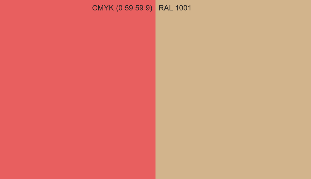 CMYK Color CMYK (0 59 59 9) vs RAL 1001 side by side comparison CMYK Color CMYK (0 59 59 9) vs RAL 1001 side by side comparison
