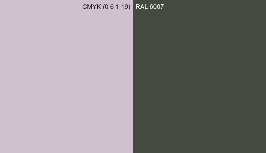 CMYK Color CMYK (0 6 1 19) vs RAL 6007 side by side comparison CMYK Color CMYK (0 6 1 19) vs RAL 6007 side by side comparison