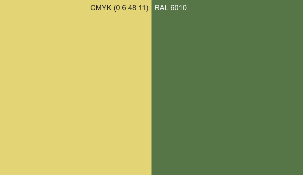 CMYK Color CMYK (0 6 48 11) vs RAL 6010 side by side comparison CMYK Color CMYK (0 6 48 11) vs RAL 6010 side by side comparison
