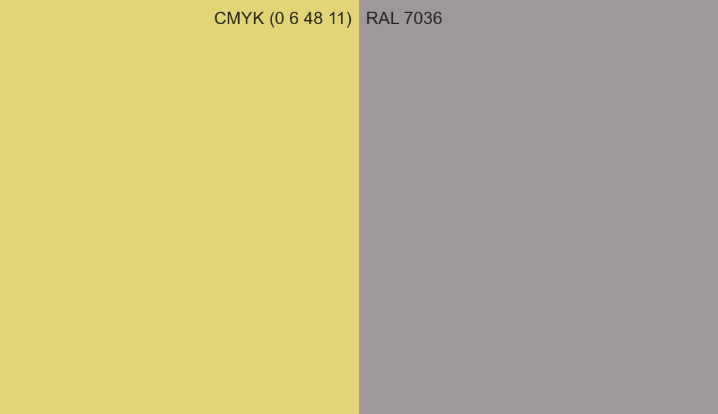 CMYK Color CMYK (0 6 48 11) vs RAL 7036 side by side comparison CMYK Color CMYK (0 6 48 11) vs RAL 7036 side by side comparison