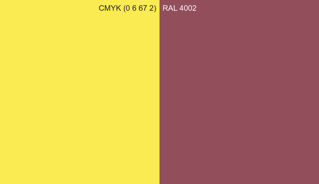 CMYK Color CMYK (0 6 67 2) vs RAL 4002 side by side comparison CMYK Color CMYK (0 6 67 2) vs RAL 4002 side by side comparison