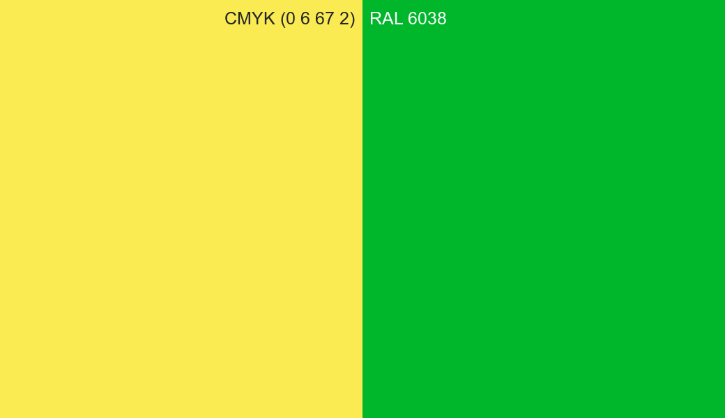 CMYK Color CMYK (0 6 67 2) vs RAL 6038 side by side comparison CMYK Color CMYK (0 6 67 2) vs RAL 6038 side by side comparison