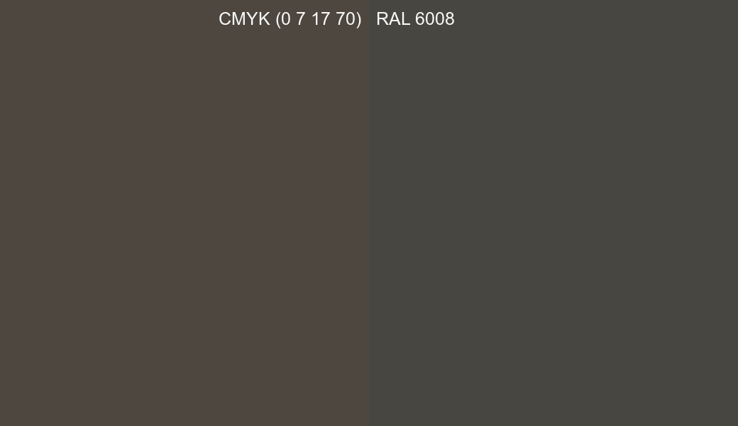 CMYK Color CMYK (0 7 17 70) vs RAL 6008 side by side comparison CMYK Color CMYK (0 7 17 70) vs RAL 6008 side by side comparison