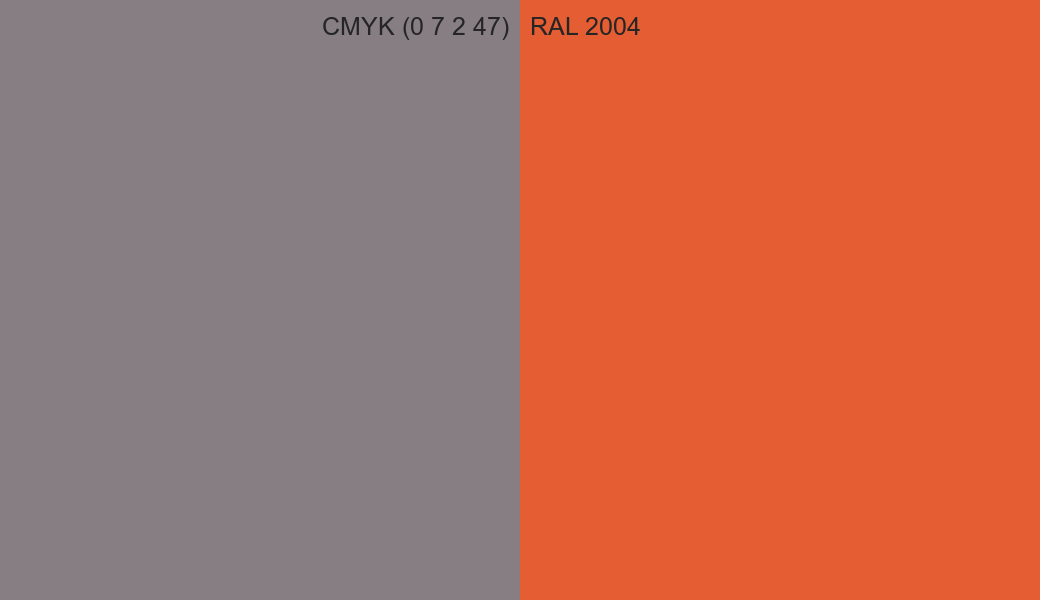 CMYK Color CMYK (0 7 2 47) vs RAL 2004 side by side comparison CMYK Color CMYK (0 7 2 47) vs RAL 2004 side by side comparison