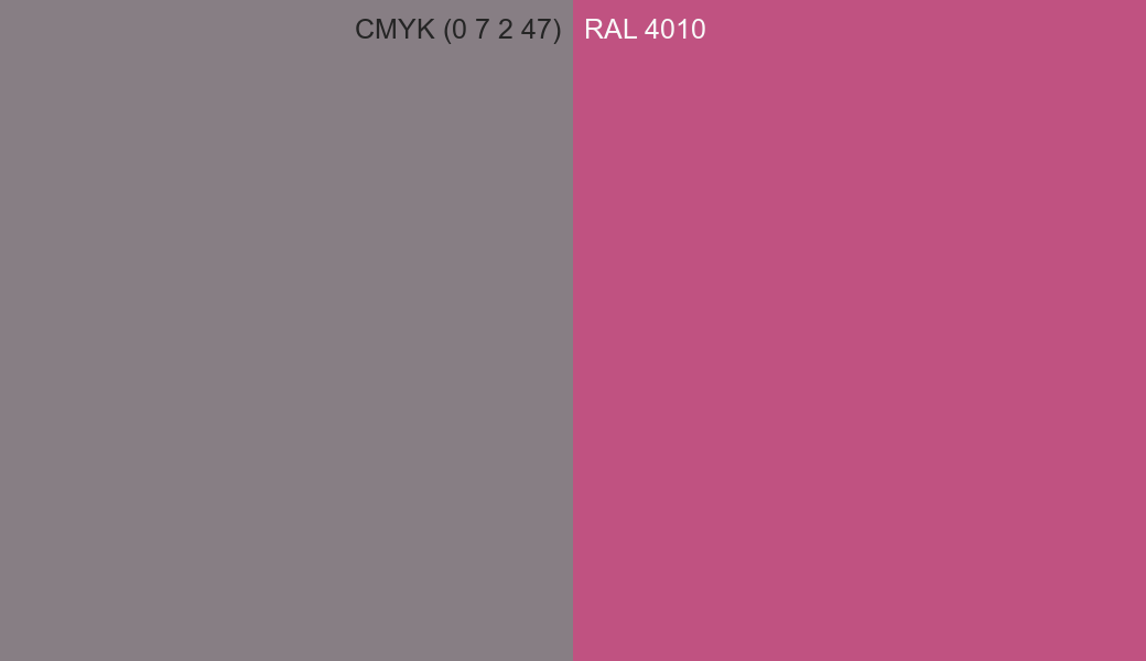 CMYK Color CMYK (0 7 2 47) vs RAL 4010 side by side comparison CMYK Color CMYK (0 7 2 47) vs RAL 4010 side by side comparison