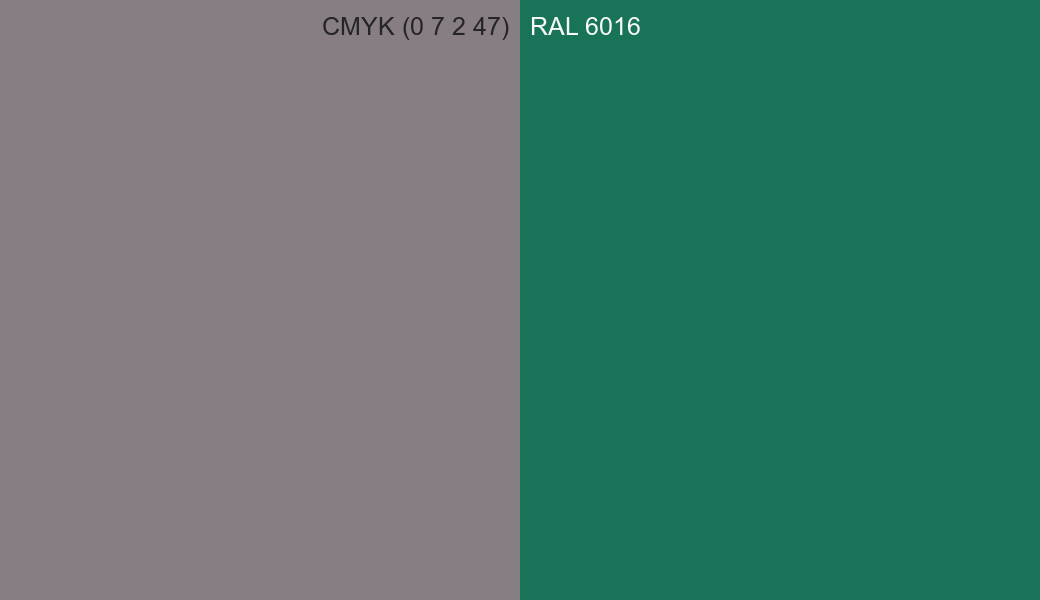 CMYK Color CMYK (0 7 2 47) vs RAL 6016 side by side comparison CMYK Color CMYK (0 7 2 47) vs RAL 6016 side by side comparison