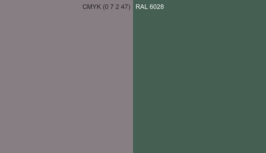 CMYK Color CMYK (0 7 2 47) vs RAL 6028 side by side comparison CMYK Color CMYK (0 7 2 47) vs RAL 6028 side by side comparison