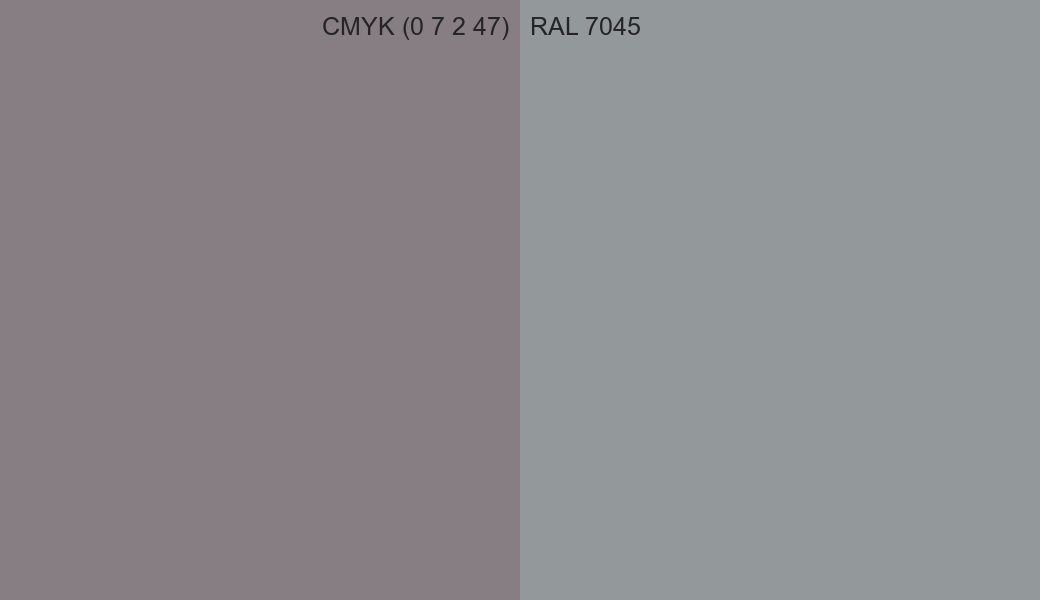 CMYK Color CMYK (0 7 2 47) vs RAL 7045 side by side comparison CMYK Color CMYK (0 7 2 47) vs RAL 7045 side by side comparison