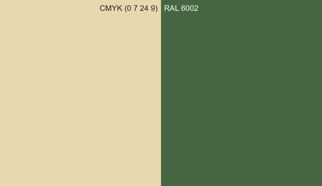 CMYK Color CMYK (0 7 24 9) vs RAL 6002 side by side comparison CMYK Color CMYK (0 7 24 9) vs RAL 6002 side by side comparison