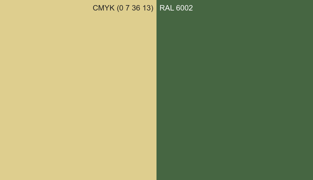 CMYK Color CMYK (0 7 36 13) vs RAL 6002 side by side comparison CMYK Color CMYK (0 7 36 13) vs RAL 6002 side by side comparison