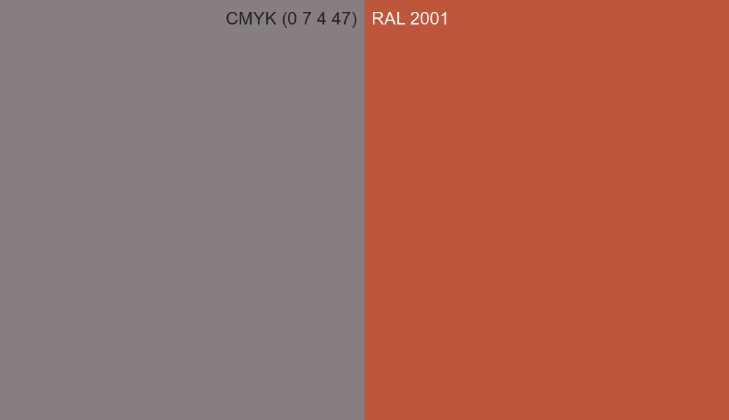 CMYK Color CMYK (0 7 4 47) vs RAL 2001 side by side comparison CMYK Color CMYK (0 7 4 47) vs RAL 2001 side by side comparison