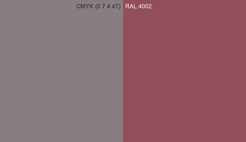CMYK Color CMYK (0 7 4 47) vs RAL 4002 side by side comparison CMYK Color CMYK (0 7 4 47) vs RAL 4002 side by side comparison