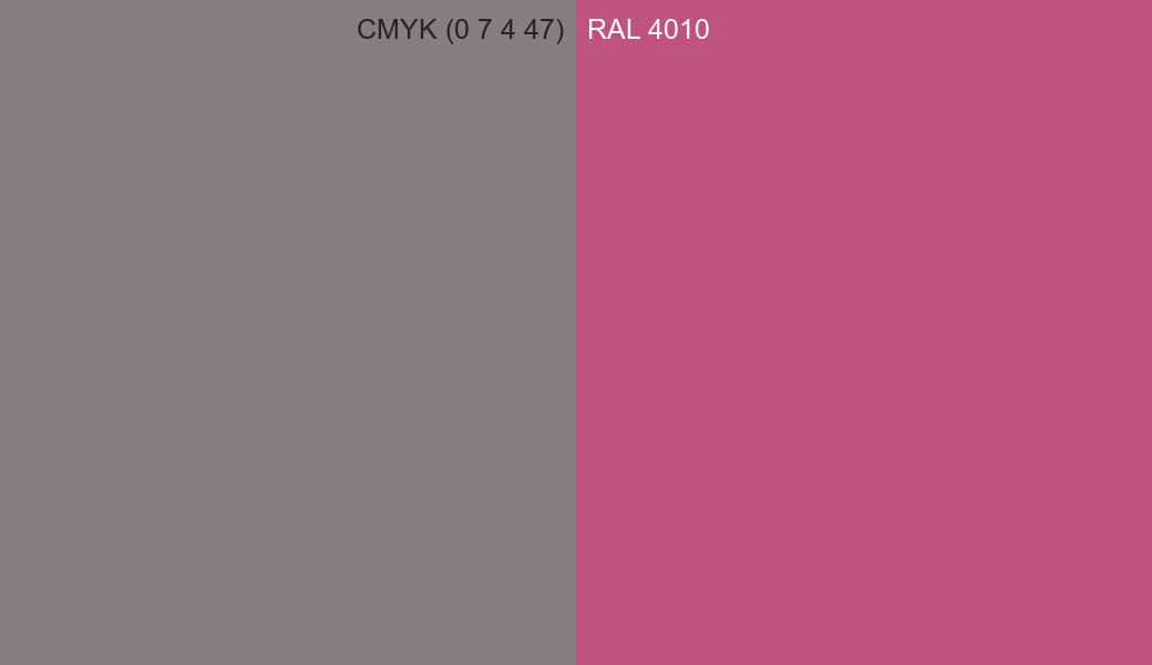 CMYK Color CMYK (0 7 4 47) vs RAL 4010 side by side comparison CMYK Color CMYK (0 7 4 47) vs RAL 4010 side by side comparison