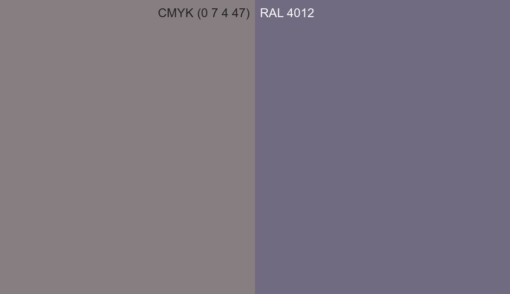 CMYK Color CMYK (0 7 4 47) vs RAL 4012 side by side comparison CMYK Color CMYK (0 7 4 47) vs RAL 4012 side by side comparison