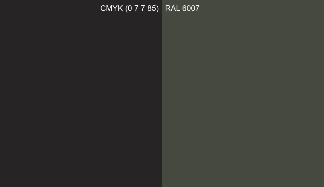 CMYK Color CMYK (0 7 7 85) vs RAL 6007 side by side comparison CMYK Color CMYK (0 7 7 85) vs RAL 6007 side by side comparison