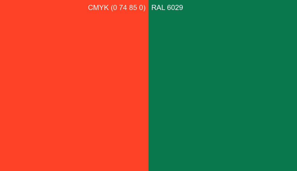 CMYK Color CMYK (0 74 85 0) vs RAL 6029 side by side comparison CMYK Color CMYK (0 74 85 0) vs RAL 6029 side by side comparison