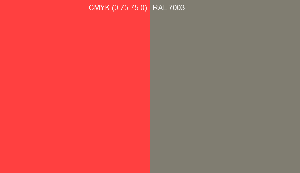 CMYK Color CMYK (0 75 75 0) vs RAL 7003 side by side comparison CMYK Color CMYK (0 75 75 0) vs RAL 7003 side by side comparison
