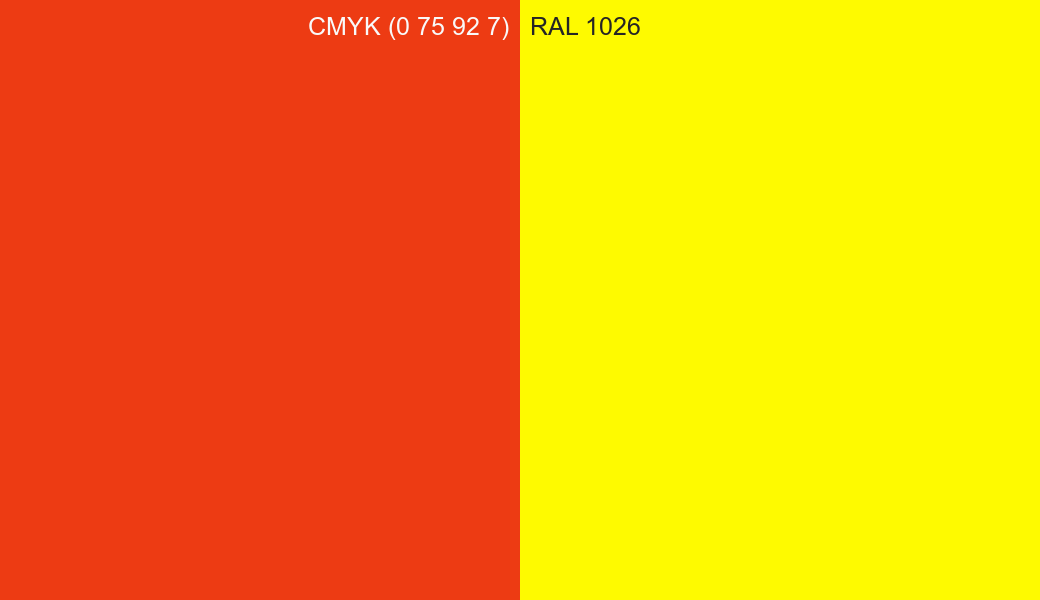 CMYK Color CMYK (0 75 92 7) vs RAL 1026 side by side comparison CMYK Color CMYK (0 75 92 7) vs RAL 1026 side by side comparison