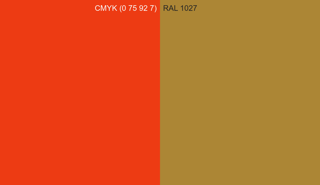 CMYK Color CMYK (0 75 92 7) vs RAL 1027 side by side comparison CMYK Color CMYK (0 75 92 7) vs RAL 1027 side by side comparison