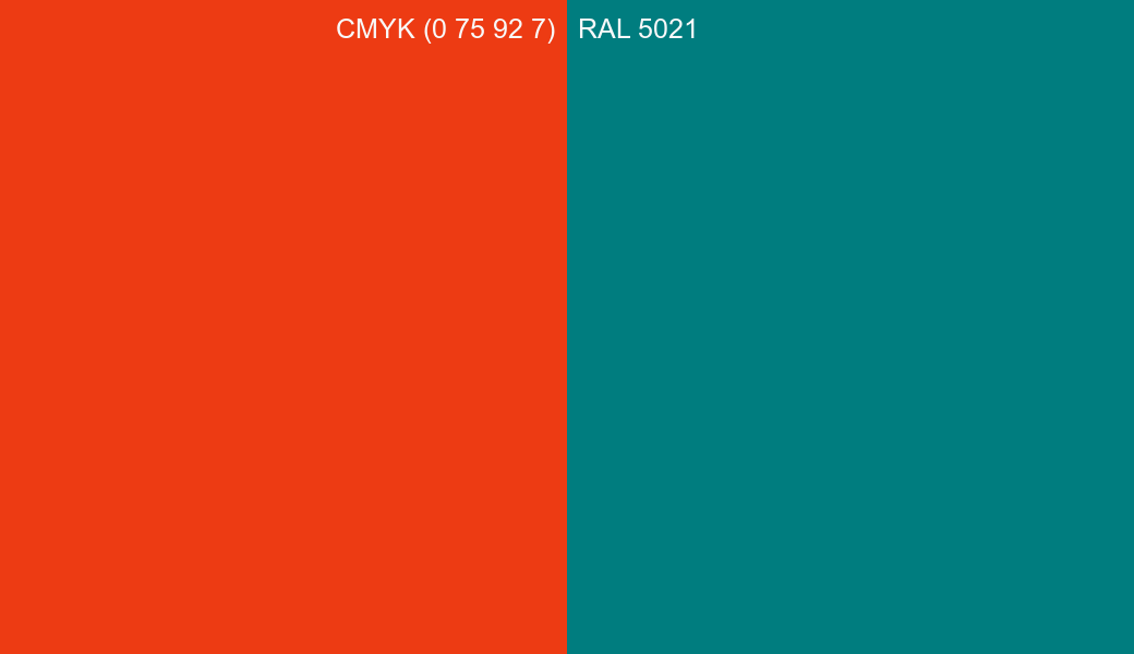 CMYK Color CMYK (0 75 92 7) vs RAL 5021 side by side comparison CMYK Color CMYK (0 75 92 7) vs RAL 5021 side by side comparison
