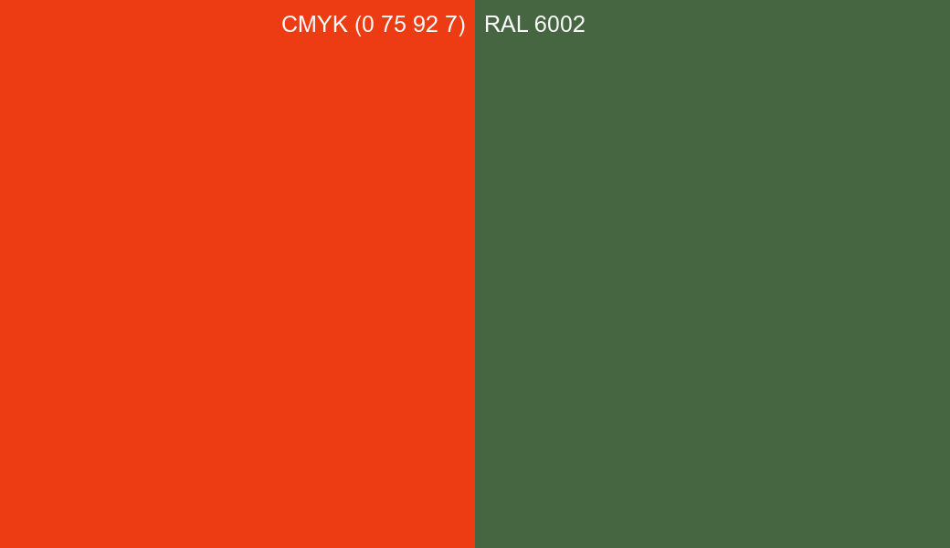 CMYK Color CMYK (0 75 92 7) vs RAL 6002 side by side comparison CMYK Color CMYK (0 75 92 7) vs RAL 6002 side by side comparison