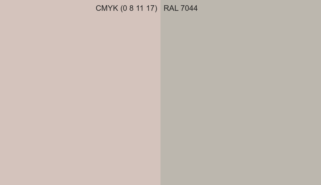 CMYK Color CMYK (0 8 11 17) vs RAL 7044 side by side comparison CMYK Color CMYK (0 8 11 17) vs RAL 7044 side by side comparison