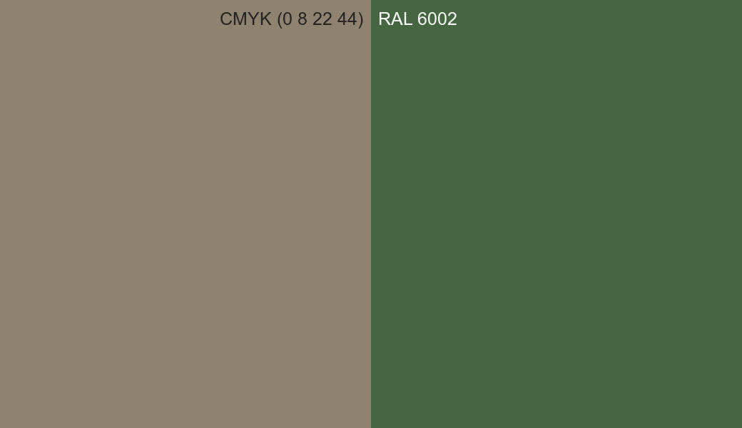CMYK Color CMYK (0 8 22 44) vs RAL 6002 side by side comparison CMYK Color CMYK (0 8 22 44) vs RAL 6002 side by side comparison