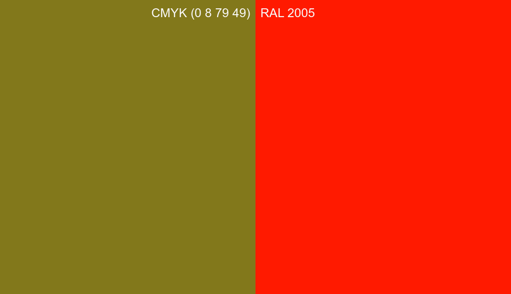 CMYK Color CMYK (0 8 79 49) vs RAL 2005 side by side comparison CMYK Color CMYK (0 8 79 49) vs RAL 2005 side by side comparison