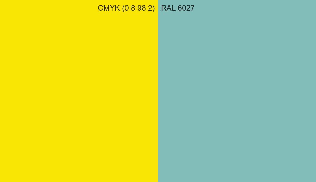 CMYK Color CMYK (0 8 98 2) vs RAL 6027 side by side comparison CMYK Color CMYK (0 8 98 2) vs RAL 6027 side by side comparison