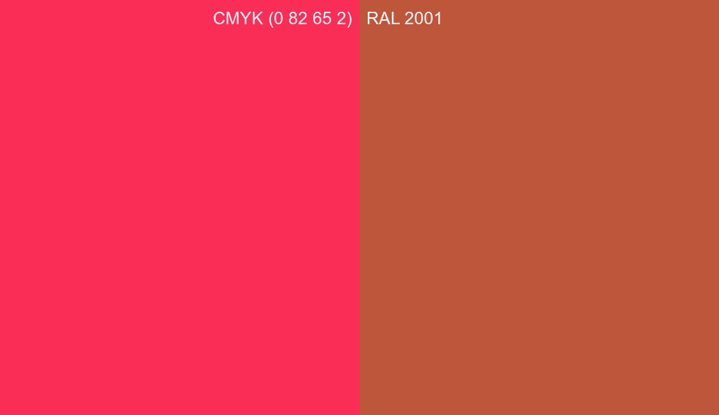 CMYK Color CMYK (0 82 65 2) vs RAL 2001 side by side comparison CMYK Color CMYK (0 82 65 2) vs RAL 2001 side by side comparison