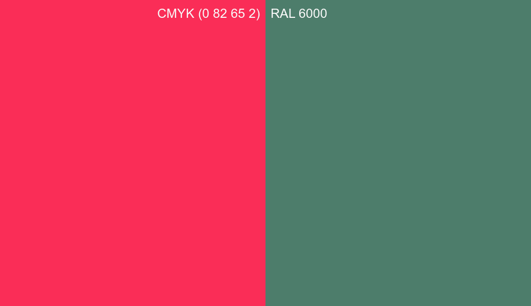 CMYK Color CMYK (0 82 65 2) vs RAL 6000 side by side comparison CMYK Color CMYK (0 82 65 2) vs RAL 6000 side by side comparison