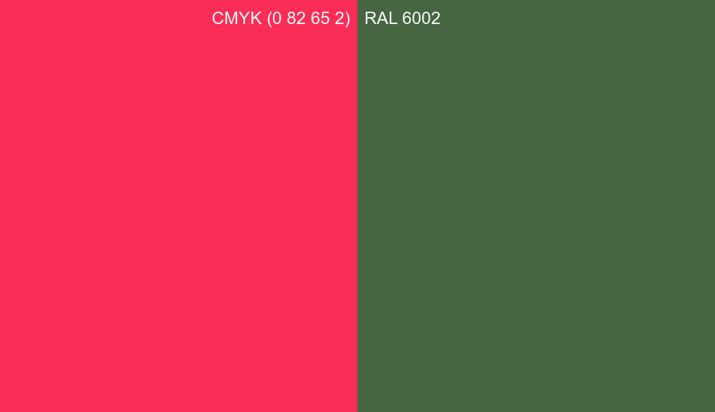 CMYK Color CMYK (0 82 65 2) vs RAL 6002 side by side comparison CMYK Color CMYK (0 82 65 2) vs RAL 6002 side by side comparison