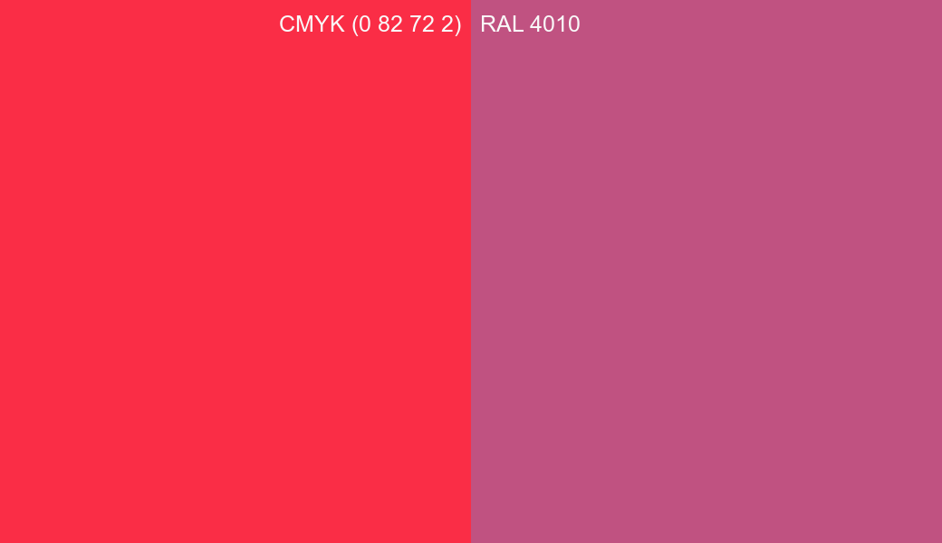 CMYK Color CMYK (0 82 72 2) vs RAL 4010 side by side comparison CMYK Color CMYK (0 82 72 2) vs RAL 4010 side by side comparison