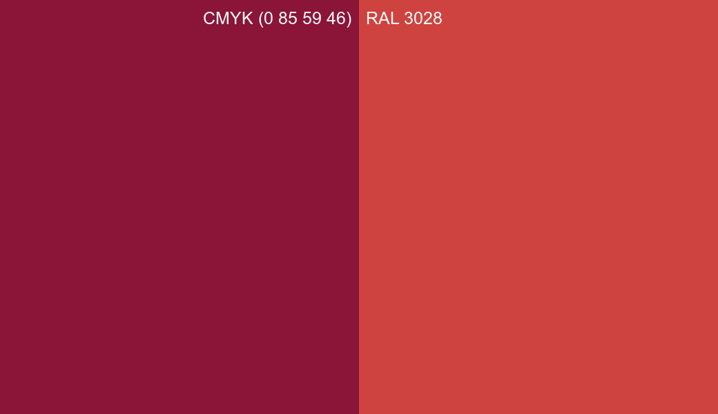 CMYK Color CMYK (0 85 59 46) vs RAL 3028 side by side comparison CMYK Color CMYK (0 85 59 46) vs RAL 3028 side by side comparison