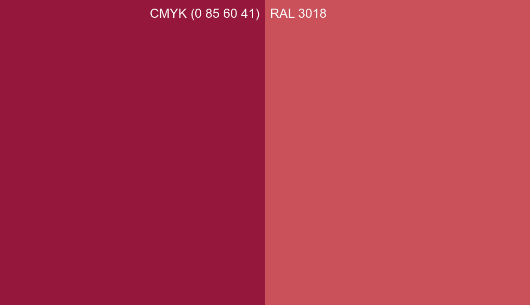 CMYK Color CMYK (0 85 60 41) vs RAL 3018 side by side comparison CMYK Color CMYK (0 85 60 41) vs RAL 3018 side by side comparison