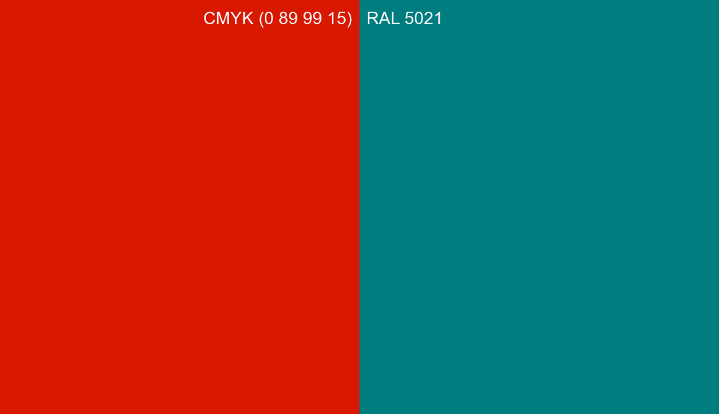 CMYK Color CMYK (0 89 99 15) vs RAL 5021 side by side comparison CMYK Color CMYK (0 89 99 15) vs RAL 5021 side by side comparison