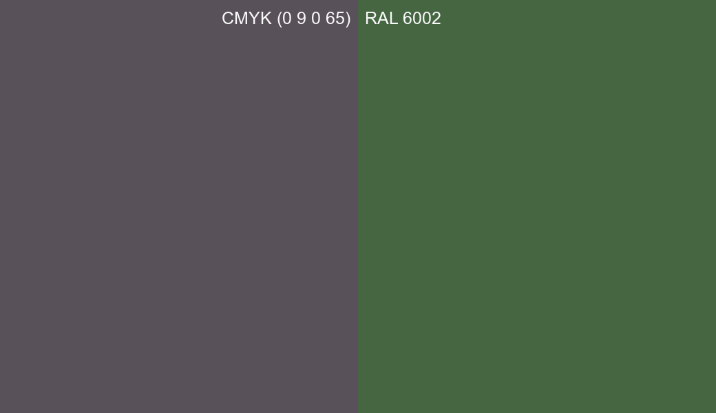 CMYK Color CMYK (0 9 0 65) vs RAL 6002 side by side comparison CMYK Color CMYK (0 9 0 65) vs RAL 6002 side by side comparison