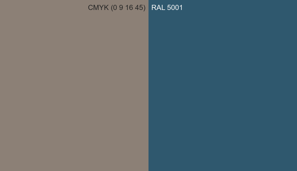 CMYK Color CMYK (0 9 16 45) vs RAL 5001 side by side comparison CMYK Color CMYK (0 9 16 45) vs RAL 5001 side by side comparison