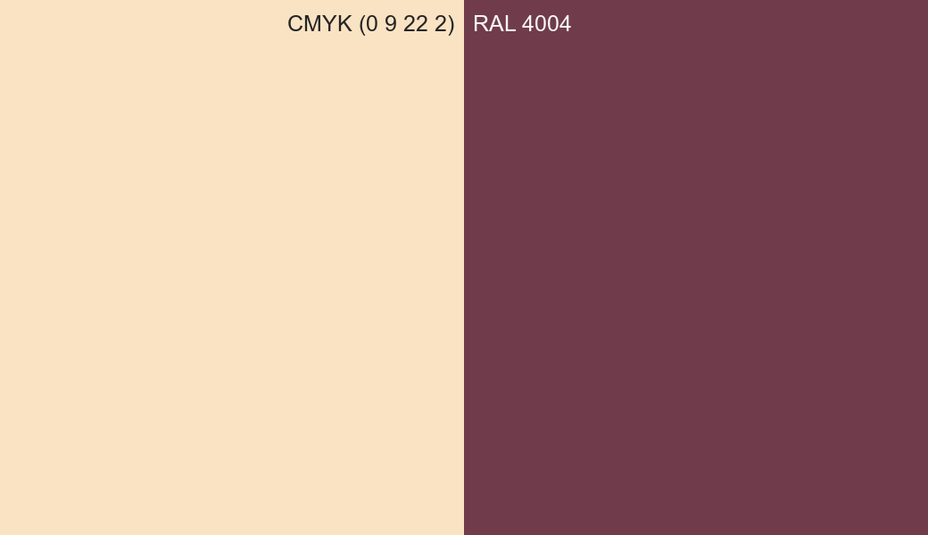 CMYK Color CMYK (0 9 22 2) vs RAL 4004 side by side comparison CMYK Color CMYK (0 9 22 2) vs RAL 4004 side by side comparison