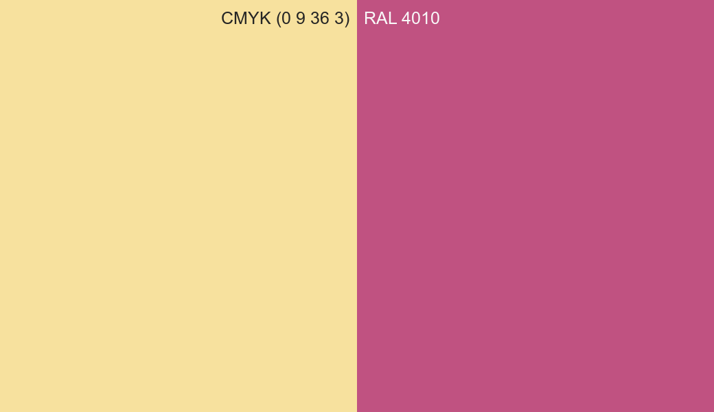 CMYK Color CMYK (0 9 36 3) vs RAL 4010 side by side comparison CMYK Color CMYK (0 9 36 3) vs RAL 4010 side by side comparison